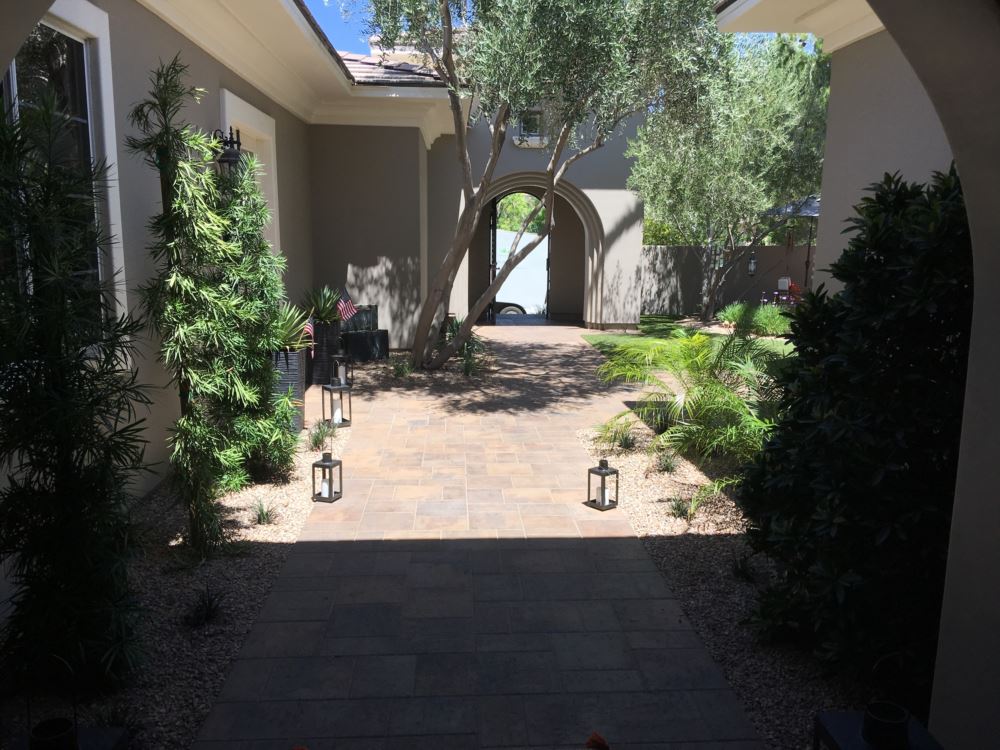 Elegant paver courtyard entrance with arched doorway, mature olive trees, and drought-tolerant desert landscaping at a Las Vegas area home installed by Southwest Greens of Nevada