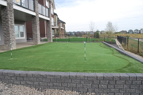 Las Vegas residential backyard putting green grass near modern home with golf flags